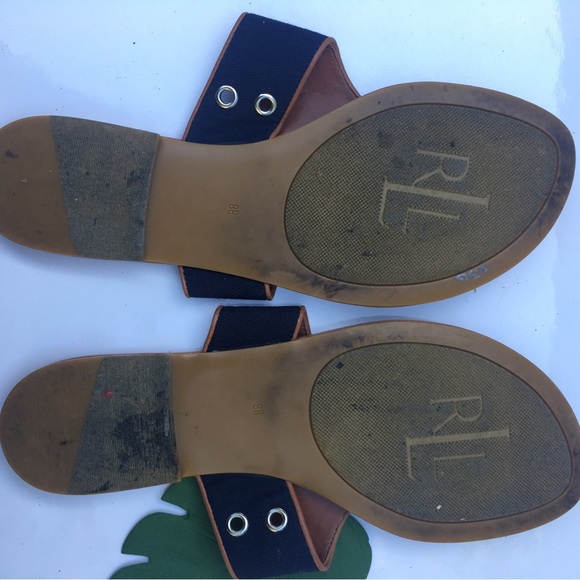RALPH LAUREN NATURAL FLAT SUMMER WOMEN SANDALS SIZE 8B NAVY BLUE SURFACE - Picture 4 of 4